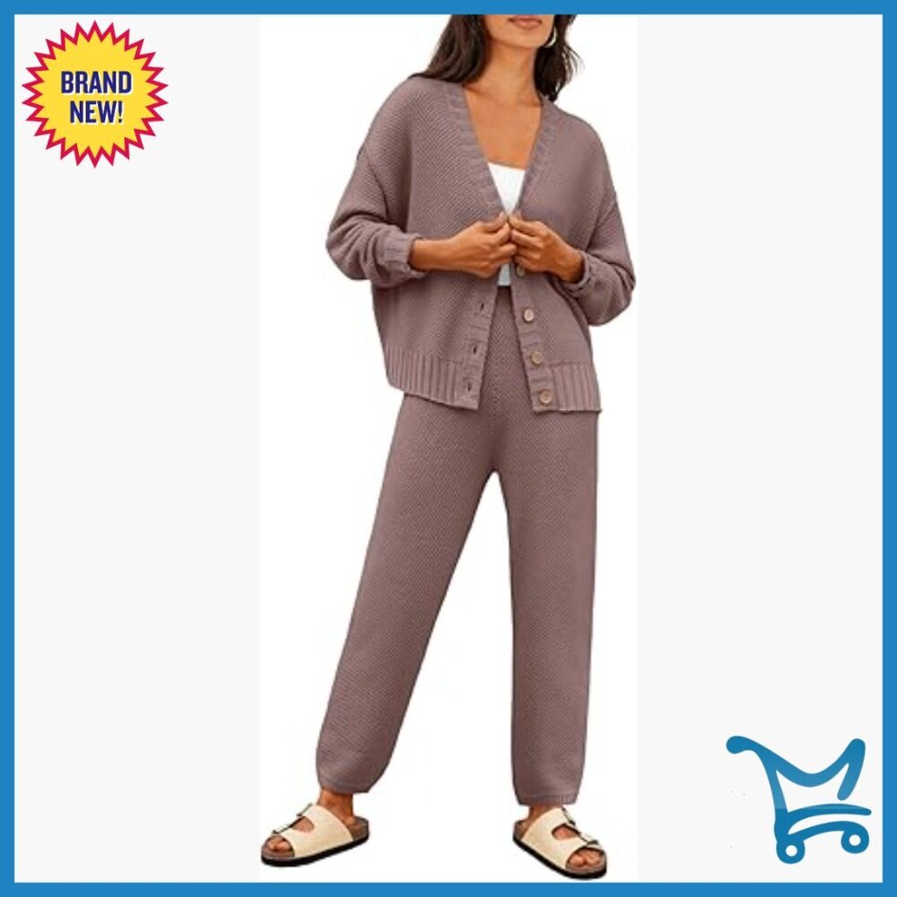 Medium Cotton Blend Cardigan Pant Set Relaxed Fit Lounge Wear